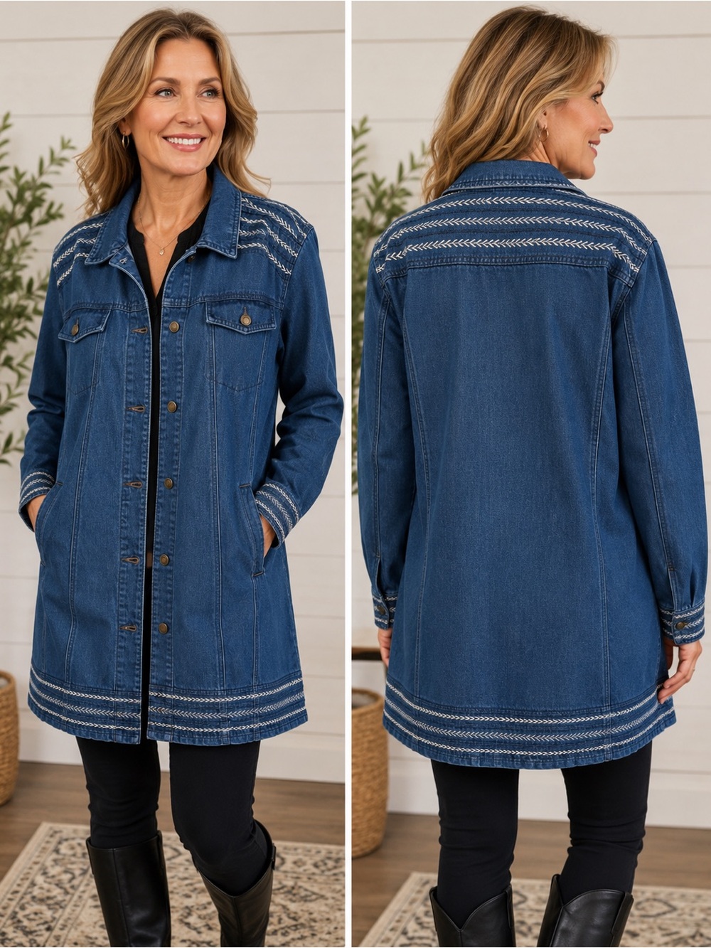 Jessica London Denim Embroidered Long Jacket - Blue